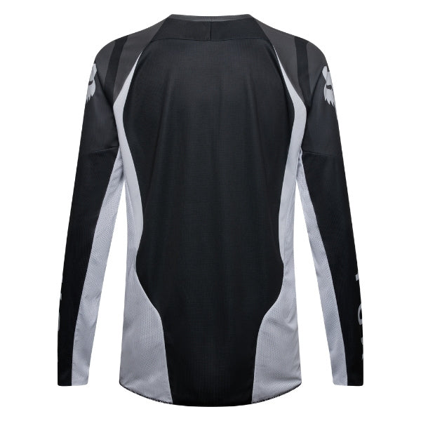 Fox Racing 180 Frame Jersey in Black, rear product view, with the back graphic, shoulder panels, long sleeves, and drop-tail hem. Available options—Color: Blue, Grey/Yellow, Black, Red; Size: XS, SM, MD, LG, XL, 2X, 3X. SKU 40665-001-S. UPC 198571122204.