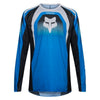 Fox Racing 180 Frame Jersey in Blue, front product view, with the crew neck, long sleeves, large Fox chest graphic, contrasting arm panels, and curved drop-tail hem. Available options—Color: Blue, Grey/Yellow, Black, Red; Size: XS, SM, MD, LG, XL, 2X, 3X. SKU 40665-002-XS. UPC 198571123997.