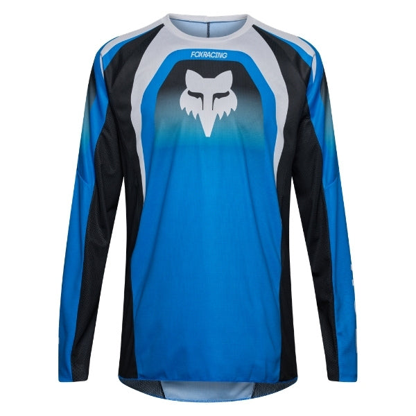 Fox Racing 180 Frame Jersey in Blue, front product view, with the crew neck, long sleeves, large Fox chest graphic, contrasting arm panels, and curved drop-tail hem. Available options—Color: Blue, Grey/Yellow, Black, Red; Size: XS, SM, MD, LG, XL, 2X, 3X. SKU 40665-002-XS. UPC 198571123997.
