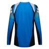 Fox Racing 180 Frame Jersey in Blue, rear product view, with the back graphic, shoulder panels, long sleeves, and drop-tail hem. Available options—Color: Blue, Grey/Yellow, Black, Red; Size: XS, SM, MD, LG, XL, 2X, 3X. SKU 40665-002-S. UPC 198571124000.