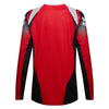 Fox Racing 180 Frame Jersey in Red, front product view, with the crew neck, long sleeves, large Fox chest graphic, contrasting arm panels, and curved drop-tail hem. Available options—Color: Blue, Grey/Yellow, Black, Red; Size: XS, SM, MD, LG, XL, 2X, 3X. SKU 40665-003-XS. UPC 198571129838.