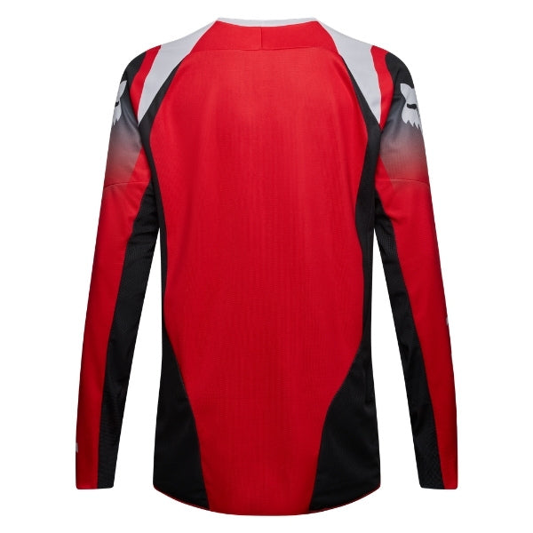 Fox Racing 180 Frame Jersey in Red, front product view, with the crew neck, long sleeves, large Fox chest graphic, contrasting arm panels, and curved drop-tail hem. Available options—Color: Blue, Grey/Yellow, Black, Red; Size: XS, SM, MD, LG, XL, 2X, 3X. SKU 40665-003-XS. UPC 198571129838.