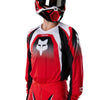 Fox Racing 180 Frame Jersey in Red, rear product view, with the back graphic, shoulder panels, long sleeves, and drop-tail hem. Available options—Color: Blue, Grey/Yellow, Black, Red; Size: XS, SM, MD, LG, XL, 2X, 3X. SKU 40665-003-S. UPC 198571129845.