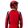 Fox Racing 180 Frame Jersey in Red, close-up of the sleeve graphic and cuff, with the printed Fox artwork, mesh-knit texture, reinforced seam lines, and shaped cuff or hem. Available options—Color: Blue, Grey/Yellow, Black, Red; Size: XS, SM, MD, LG, XL, 2X, 3X. SKU 40665-003-XL. UPC 198571129876.