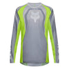 Fox Racing 180 Frame Jersey in Grey/Yellow, front product view, with the crew neck, long sleeves, large Fox chest graphic, contrasting arm panels, and curved drop-tail hem. Available options—Color: Blue, Grey/Yellow, Black, Red; Size: XS, SM, MD, LG, XL, 2X, 3X. SKU 40665-086-XS. UPC 198571126059.