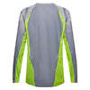 Fox Racing 180 Frame Jersey in Grey/Yellow, rear product view, with the back graphic, shoulder panels, long sleeves, and drop-tail hem. Available options—Color: Blue, Grey/Yellow, Black, Red; Size: XS, SM, MD, LG, XL, 2X, 3X. SKU 40665-086-S. UPC 198571126066.
