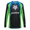 Fox Racing 180 Kawasaki Jersey in Black, front product view, with the crew neck, long sleeves, large Fox chest graphic, contrasting arm panels, and curved drop-tail hem. Available options—Color: Black; Size: XS, SM, MD, LG, XL, 2X. SKU 40667-001-XS. UPC 198571121801.