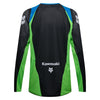 Fox Racing 180 Kawasaki Jersey in Black, rear product view, with the back graphic, shoulder panels, long sleeves, and drop-tail hem. Available options—Color: Black; Size: XS, SM, MD, LG, XL, 2X. SKU 40667-001-S. UPC 198571121818.