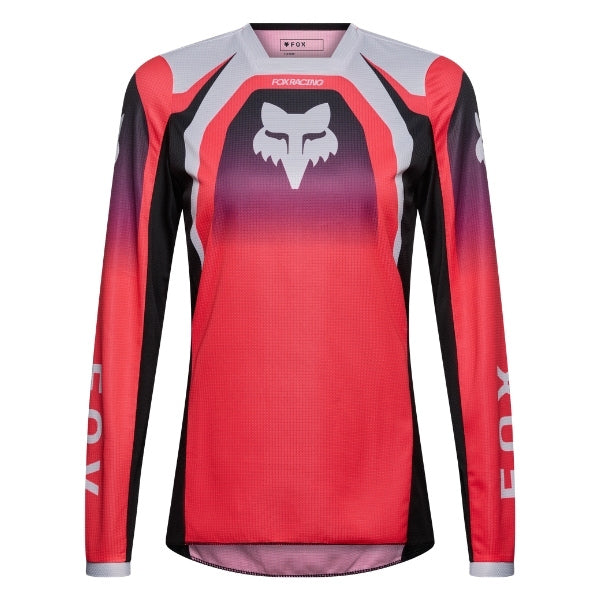 Fox Racing 180 Frame Jersey (Womens) in Neon Pink, front product view, with the crew neck, long sleeves, large Fox chest graphic, contrasting arm panels, and curved drop-tail hem. Available options—Color: Neon Pink, Deep Blue; Size: XS, SM, MD, LG, XL. SKU 40668-065-XS. UPC 198571128091.