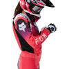 Fox Racing 180 Frame Jersey (Womens) in Neon Pink, close-up of the chest and shoulder panels, with the printed Fox artwork, mesh-knit texture, reinforced seam lines, and shaped cuff or hem. Available options—Color: Neon Pink, Deep Blue; Size: XS, SM, MD, LG, XL. SKU 40668-065-L. UPC 198571128121.