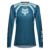 Fox Racing 180 Frame Jersey (Womens) in Deep Blue, rear product view, with the back graphic, shoulder panels, long sleeves, and drop-tail hem. Available options—Color: Neon Pink, Deep Blue; Size: XS, SM, MD, LG, XL. SKU 40668-E19-S. UPC 198571124802.
