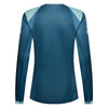 Fox Racing 180 Frame Jersey (Womens) in Deep Blue, modeled front three-quarter view, with the crew neck, long sleeves, contrasting shoulder and arm graphics, and extended rear hem on a rider. Available options—Color: Neon Pink, Deep Blue; Size: XS, SM, MD, LG, XL. SKU 40668-E19-M. UPC 198571124819.