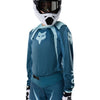 Fox Racing 180 Frame Jersey (Womens) in Deep Blue, close-up of the chest and shoulder panels, with the printed Fox artwork, mesh-knit texture, reinforced seam lines, and shaped cuff or hem. Available options—Color: Neon Pink, Deep Blue; Size: XS, SM, MD, LG, XL. SKU 40668-E19-L. UPC 198571124826.