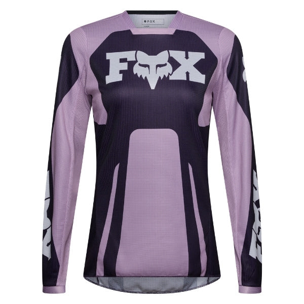 Fox Racing 180 Raid Jersey (Womens) in Lavender Drift, front product view, with the crew neck, long sleeves, large Fox chest graphic, contrasting arm panels, and curved drop-tail hem. Available options—Color: Lavender Drift, Melon; Size: XS, SM, MD, LG, XL. SKU 40669-F07-XS. UPC 198571126783.