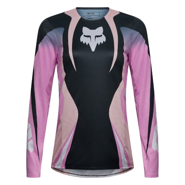 Fox Racing Flexair Thorn Jersey (Womens) in Black/Pink, front product view, with the crew neck, long sleeves, large Fox chest graphic, contrasting arm panels, and curved drop-tail hem. Available options—Color: Black/Pink, Sky Blue; Size: XS, SM, MD, LG, XL. SKU 40670-285-XS. UPC 198571123546.