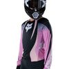 Fox Racing Flexair Thorn Jersey (Womens) in Black/Pink, modeled front three-quarter view, with the crew neck, long sleeves, contrasting shoulder and arm graphics, and extended rear hem on a rider. Available options—Color: Black/Pink, Sky Blue; Size: XS, SM, MD, LG, XL. SKU 40670-285-M. UPC 198571123560.