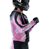 Fox Racing Flexair Thorn Jersey (Womens) in Black/Pink, close-up of the chest and shoulder panels, with the printed Fox artwork, mesh-knit texture, reinforced seam lines, and shaped cuff or hem. Available options—Color: Black/Pink, Sky Blue; Size: XS, SM, MD, LG, XL. SKU 40670-285-L. UPC 198571123577.