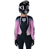 Fox Racing Flexair Thorn Jersey (Womens) in Black/Pink, close-up of the sleeve graphic and cuff, with the printed Fox artwork, mesh-knit texture, reinforced seam lines, and shaped cuff or hem. Available options—Color: Black/Pink, Sky Blue; Size: XS, SM, MD, LG, XL. SKU 40670-285-XL. UPC 198571123584.