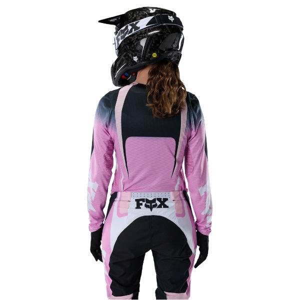 Fox Racing Flexair Thorn Jersey (Womens) in Sky Blue, front product view, with the crew neck, long sleeves, large Fox chest graphic, contrasting arm panels, and curved drop-tail hem. Available options—Color: Black/Pink, Sky Blue; Size: XS, SM, MD, LG, XL. SKU 40670-D67-XS. UPC 198571131350.