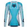 Fox Racing Flexair Thorn Jersey (Womens) in Sky Blue, rear product view, with the back graphic, shoulder panels, long sleeves, and drop-tail hem. Available options—Color: Black/Pink, Sky Blue; Size: XS, SM, MD, LG, XL. SKU 40670-D67-S. UPC 198571131367.