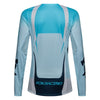 Fox Racing Flexair Thorn Jersey (Womens) in Sky Blue, modeled front three-quarter view, with the crew neck, long sleeves, contrasting shoulder and arm graphics, and extended rear hem on a rider. Available options—Color: Black/Pink, Sky Blue; Size: XS, SM, MD, LG, XL. SKU 40670-D67-M. UPC 198571131374.