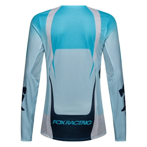 Fox Racing Flexair Thorn Jersey (Womens) in Sky Blue, modeled front three-quarter view, with the crew neck, long sleeves, contrasting shoulder and arm graphics, and extended rear hem on a rider. Available options—Color: Black/Pink, Sky Blue; Size: XS, SM, MD, LG, XL. SKU 40670-D67-M. UPC 198571131374.