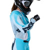 Fox Racing Flexair Thorn Jersey (Womens) in Sky Blue, close-up of the sleeve graphic and cuff, with the printed Fox artwork, mesh-knit texture, reinforced seam lines, and shaped cuff or hem. Available options—Color: Black/Pink, Sky Blue; Size: XS, SM, MD, LG, XL. SKU 40670-D67-XL. UPC 198571131398.