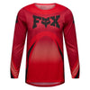 Fox Racing Flexair Arc Jersey (Youth) in Chili, modeled front three-quarter view, with the crew neck, long sleeves, contrasting shoulder and arm graphics, and extended rear hem on a rider. Available options—Color: Ice Blue, Chili; Size: Y-SM, Y-MD, Y-LG, Y-XL. SKU 40671-555-YL. UPC 198571124536.
