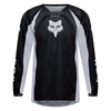 Fox Racing 180 Frame Jersey (Youth) in Black, modeled front three-quarter view, with the crew neck, long sleeves, contrasting shoulder and arm graphics, and extended rear hem on a rider. Available options—Color: Blue, Grey/Yellow, Black, Red; Size: Y-SM, Y-MD, Y-LG, Y-XL. SKU 40672-001-YL. UPC 198571122631.