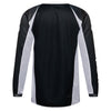 Fox Racing 180 Frame Jersey (Youth) in Black, close-up of the chest and shoulder panels, with the printed Fox artwork, mesh-knit texture, reinforced seam lines, and shaped cuff or hem. Available options—Color: Blue, Grey/Yellow, Black, Red; Size: Y-SM, Y-MD, Y-LG, Y-XL. SKU 40672-001-YXL. UPC 198571122648.