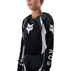 Fox Racing 180 Frame Jersey (Youth) in Red, front product view, with the crew neck, long sleeves, large Fox chest graphic, contrasting arm panels, and curved drop-tail hem. Available options—Color: Blue, Grey/Yellow, Black, Red; Size: Y-SM, Y-MD, Y-LG, Y-XL. SKU 40672-003-YS. UPC 198571129982.
