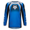 Fox Racing 180 Frame Jersey (Youth) in Blue, front product view, with the crew neck, long sleeves, large Fox chest graphic, contrasting arm panels, and curved drop-tail hem. Available options—Color: Blue, Grey/Yellow, Black, Red; Size: Y-SM, Y-MD, Y-LG, Y-XL. SKU 40672-002-YS. UPC 198571124079.