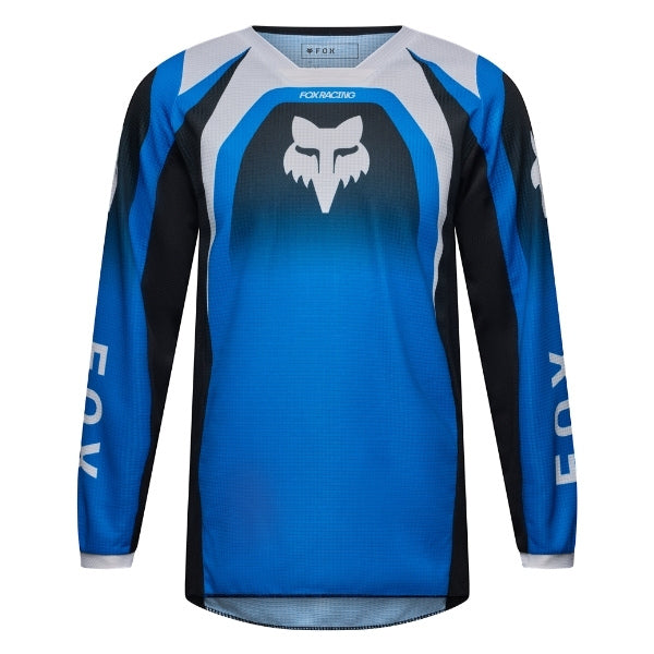 Fox Racing 180 Frame Jersey (Youth) in Blue, front product view, with the crew neck, long sleeves, large Fox chest graphic, contrasting arm panels, and curved drop-tail hem. Available options—Color: Blue, Grey/Yellow, Black, Red; Size: Y-SM, Y-MD, Y-LG, Y-XL. SKU 40672-002-YS. UPC 198571124079.