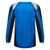 Fox Racing 180 Frame Jersey (Youth) in Blue, rear product view, with the back graphic, shoulder panels, long sleeves, and drop-tail hem. Available options—Color: Blue, Grey/Yellow, Black, Red; Size: Y-SM, Y-MD, Y-LG, Y-XL. SKU 40672-002-YM. UPC 198571124086.