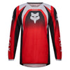 Fox Racing 180 Frame Jersey (Youth) in Red, close-up of the chest and shoulder panels, with the printed Fox artwork, mesh-knit texture, reinforced seam lines, and shaped cuff or hem. Available options—Color: Blue, Grey/Yellow, Black, Red; Size: Y-SM, Y-MD, Y-LG, Y-XL. SKU 40672-003-YXL. UPC 198571130018.
