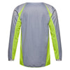 Fox Racing 180 Frame Jersey (Youth) in Grey/Yellow, modeled front three-quarter view, with the crew neck, long sleeves, contrasting shoulder and arm graphics, and extended rear hem on a rider. Available options—Color: Blue, Grey/Yellow, Black, Red; Size: Y-SM, Y-MD, Y-LG, Y-XL. SKU 40672-086-YL. UPC 198571126134.