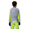 Fox Racing 180 Frame Jersey (Youth) in Black, rear product view, with the back graphic, shoulder panels, long sleeves, and drop-tail hem. Available options—Color: Blue, Grey/Yellow, Black, Red; Size: Y-SM, Y-MD, Y-LG, Y-XL. SKU 40672-001-YM. UPC 198571122624.