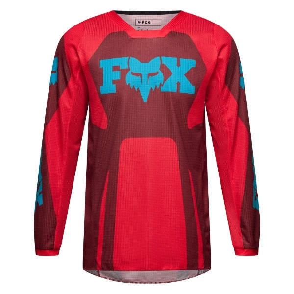 Fox Racing 180 Raid Jersey (Youth) in Rust, front product view, with the crew neck, long sleeves, large Fox chest graphic, contrasting arm panels, and curved drop-tail hem. Available options—Color: Rust, Purple Lava; Size: Y-SM, Y-MD, Y-LG, Y-XL. SKU 40673-180-YS. UPC 198571130957.