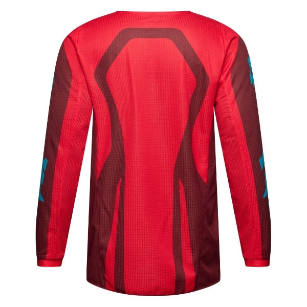 Fox Racing 180 Raid Jersey (Youth) in Rust, rear product view, with the back graphic, shoulder panels, long sleeves, and drop-tail hem. Available options—Color: Rust, Purple Lava; Size: Y-SM, Y-MD, Y-LG, Y-XL. SKU 40673-180-YM. UPC 198571130964.