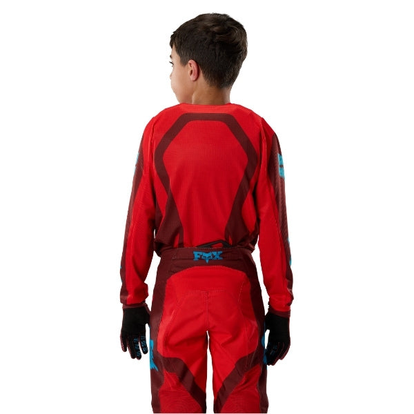 Fox Racing 180 Raid Jersey (Youth) in Purple Lava, rear product view, with the back graphic, shoulder panels, long sleeves, and drop-tail hem. Available options—Color: Rust, Purple Lava; Size: Y-SM, Y-MD, Y-LG, Y-XL. SKU 40673-E07-YM. UPC 198571129401.