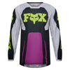 Fox Racing 180 Raid Jersey (Youth) in Purple Lava, modeled front three-quarter view, with the crew neck, long sleeves, contrasting shoulder and arm graphics, and extended rear hem on a rider. Available options—Color: Rust, Purple Lava; Size: Y-SM, Y-MD, Y-LG, Y-XL. SKU 40673-E07-YL. UPC 198571129418.