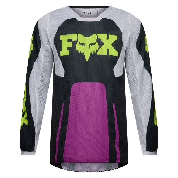 Fox Racing 180 Raid Jersey (Youth) in Purple Lava, modeled front three-quarter view, with the crew neck, long sleeves, contrasting shoulder and arm graphics, and extended rear hem on a rider. Available options—Color: Rust, Purple Lava; Size: Y-SM, Y-MD, Y-LG, Y-XL. SKU 40673-E07-YL. UPC 198571129418.