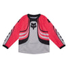 Fox Racing 180 Draft Jersey (Kids) in White, front product view, with the crew neck, long sleeves, large Fox chest graphic, contrasting arm panels, and curved drop-tail hem. Available options—Color: White, Sunburst; Size: K-SM (Toddler), K-MD (Toddler). SKU 40674-008-KS. UPC 198571132289.