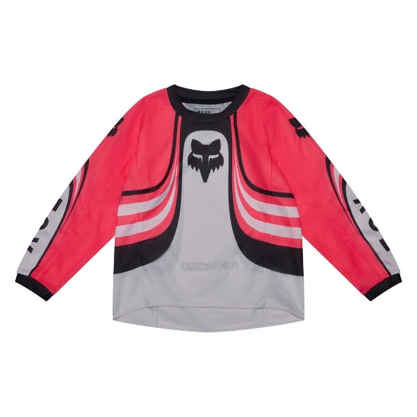 Fox Racing 180 Draft Jersey (Kids) in White, front product view, with the crew neck, long sleeves, large Fox chest graphic, contrasting arm panels, and curved drop-tail hem. Available options—Color: White, Sunburst; Size: K-SM (Toddler), K-MD (Toddler). SKU 40674-008-KS. UPC 198571132289.