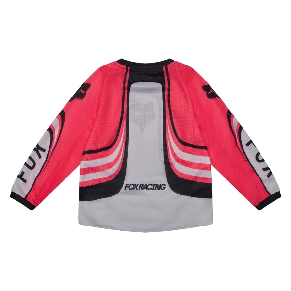 Fox Racing 180 Draft Jersey (Kids) in White, rear product view, with the back graphic, shoulder panels, long sleeves, and drop-tail hem. Available options—Color: White, Sunburst; Size: K-SM (Toddler), K-MD (Toddler). SKU 40674-008-KM. UPC 198571132296.