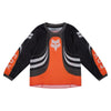 Fox Racing 180 Draft Jersey (Kids) in Sunburst, front product view, with the crew neck, long sleeves, large Fox chest graphic, contrasting arm panels, and curved drop-tail hem. Available options—Color: White, Sunburst; Size: K-SM (Toddler), K-MD (Toddler). SKU 40674-460-KS. UPC 198571131770.