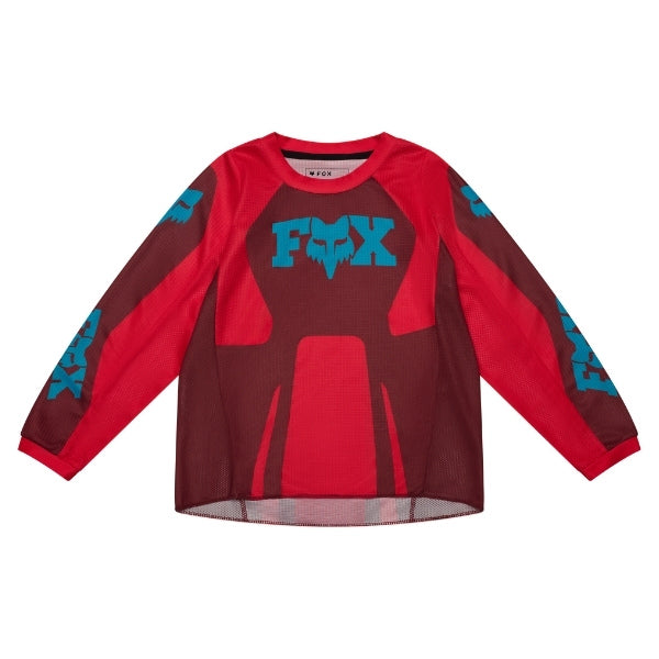 Fox Racing 180 Raid Jersey (Kids) in Rust, front product view, with the crew neck, long sleeves, large Fox chest graphic, contrasting arm panels, and curved drop-tail hem. Available options—Color: Rust, Purple Lava; Size: K-SM (Toddler), K-MD (Toddler). SKU 40675-180-KS. UPC 198571134610.