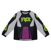 Fox Racing 180 Raid Jersey (Kids) in Purple Lava, front product view, with the crew neck, long sleeves, large Fox chest graphic, contrasting arm panels, and curved drop-tail hem. Available options—Color: Rust, Purple Lava; Size: K-SM (Toddler), K-MD (Toddler). SKU 40675-E07-KS. UPC 198571134481.