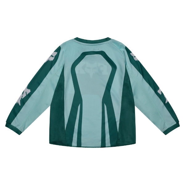 Fox Racing 180 Raid Jersey (Kids/Girls) in Melon, rear product view, with the back graphic, shoulder panels, long sleeves, and drop-tail hem. Available options—Color: Melon; Size: K-SM (Toddler), K-MD (Toddler). SKU 40677-413-KM. UPC 198571127438.