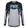 Fox Racing 360 Clutch Jersey in White/Black, front product view, with the crew neck, long sleeves, large Fox chest graphic, contrasting arm panels, and curved drop-tail hem. Available options—Color: White/Black, Neon Pink; Size: SM, MD, LG, XL, 2X. SKU 40678-058-S. UPC 198571132494.